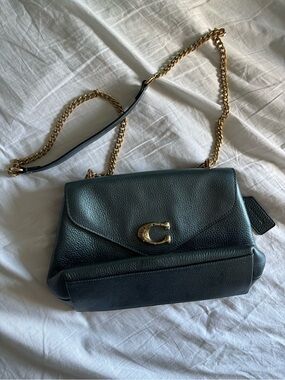 Coach dark green Leather Shoulder Bag with Gold Hardware